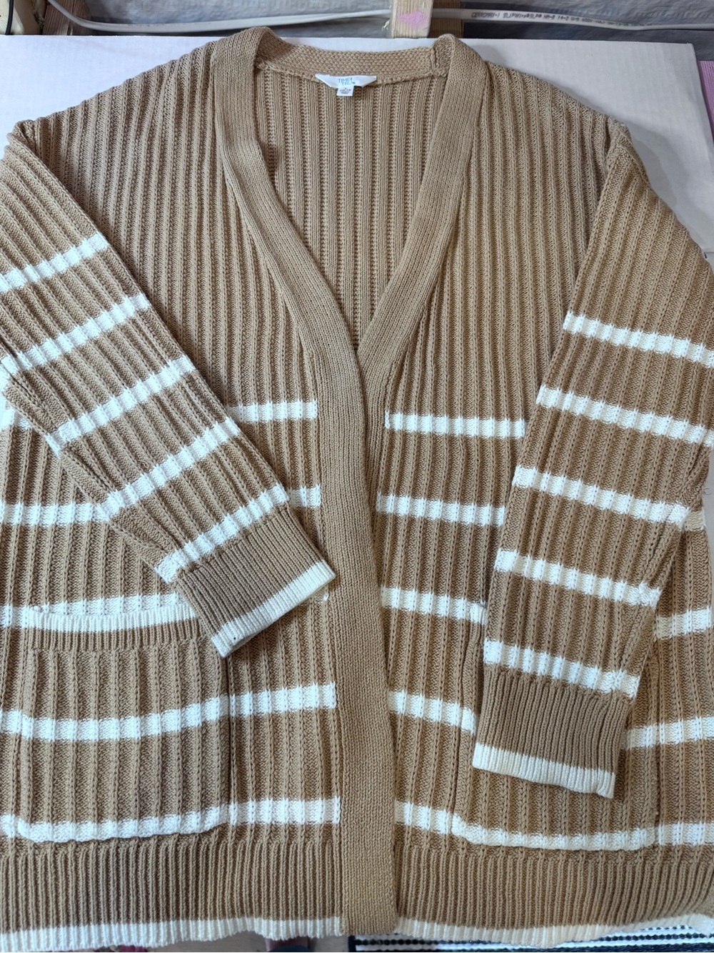 Time and Tru Camel and White Striped Ribbed Open-Front Cardigan